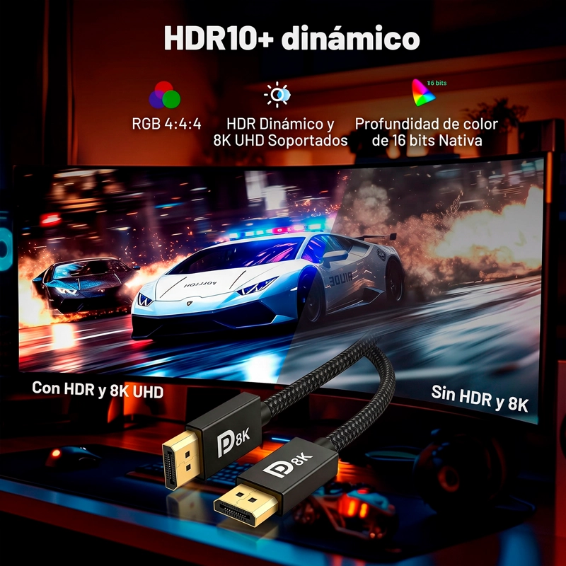 CABLE DISPLAYPORT 8K 2 METROS 4K 144HZ 240HZ DP A DP - 9