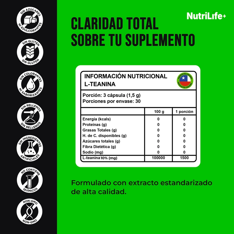PACK 2 L-TEANINA 180 CAPSULAS NUTRILIFE+ 500 MG TE VERDE L TEANINA SUPLEMENTO PARA CONCENTRACION - 4