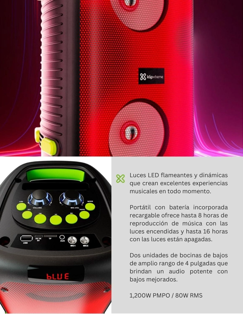 PARLANTE KARAOKE KLIP XTREME BOOMFIRE 1.200W CON MICROFONO KLS-100 - 5