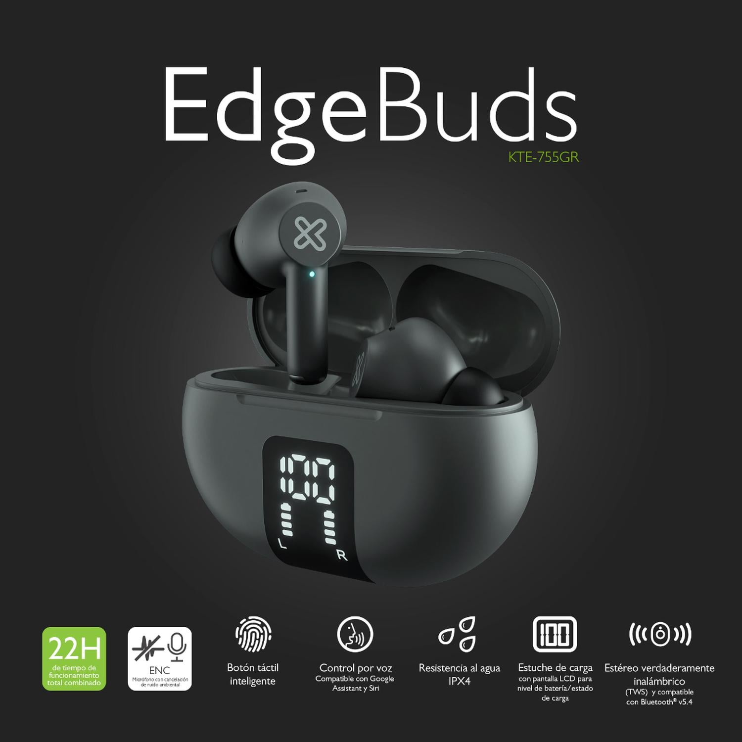KLIP XTREME AUDIFONOS TWS EDGEBUDS ANC GRIS KTE-755GR - 5