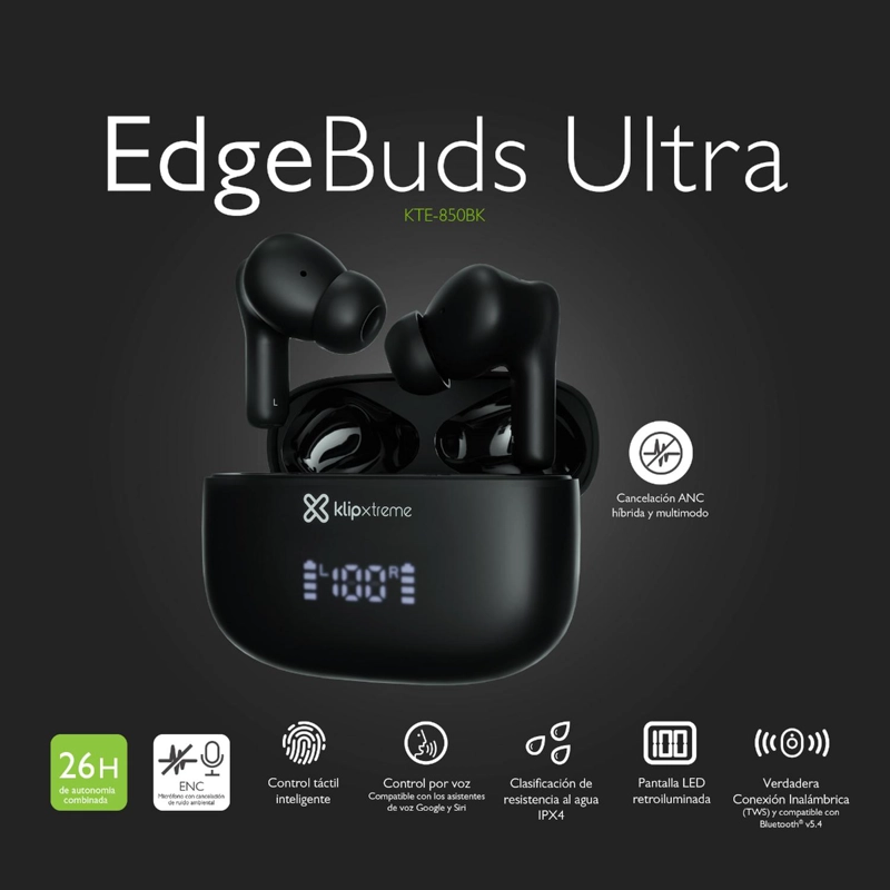 KLIP XTREME AUDIFONOS TWS EDGEBUDS ULTRA NEGRO KTE-850BK - 6