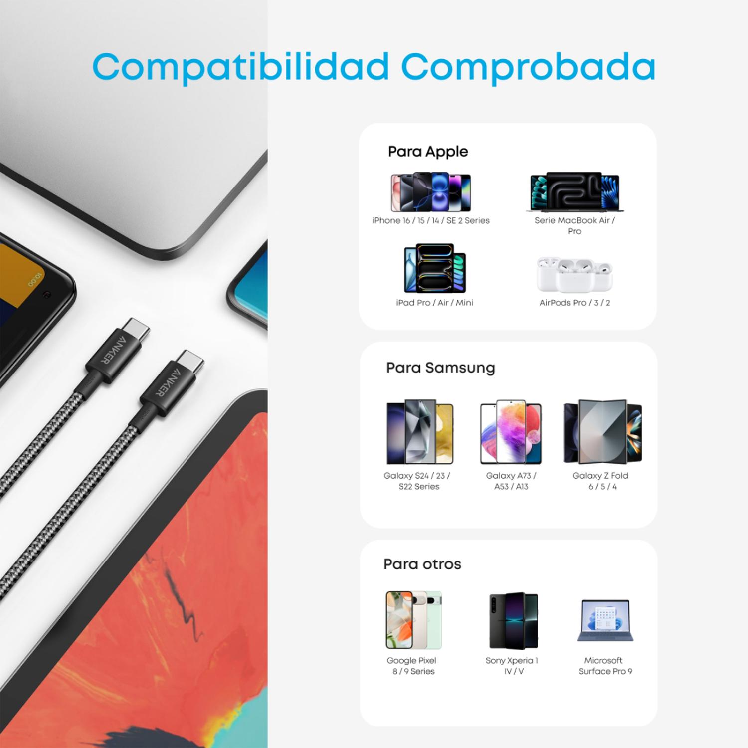 CABLE USB-C A USB-C ANKER CARGA RAPIDA 60W 2M NEGRO - 5