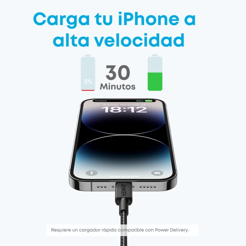 CABLE USB-C A LIGHTNING ANKER CARGA RAPIDA 60W 1M NEGRO - 4