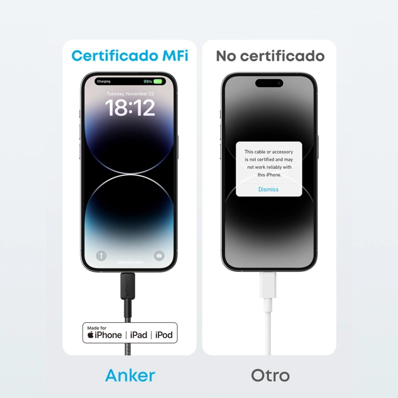 CABLE USB-C A LIGHTNING ANKER CARGA RAPIDA 60W 1M NEGRO - 5