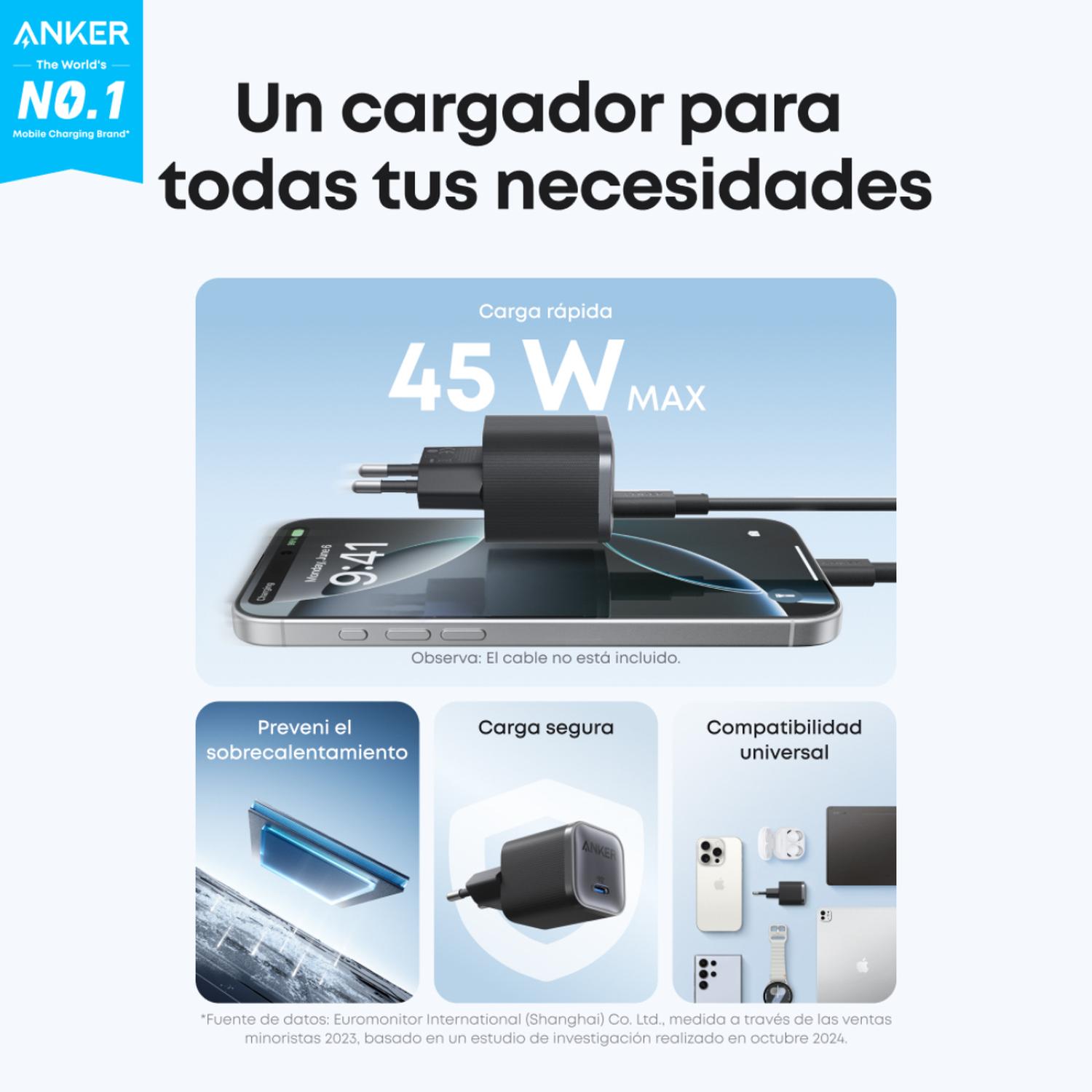 CARGADOR CARGA RAPIDA ANKER NANO 45W GAN PIQ 3.0 USB-C - 3