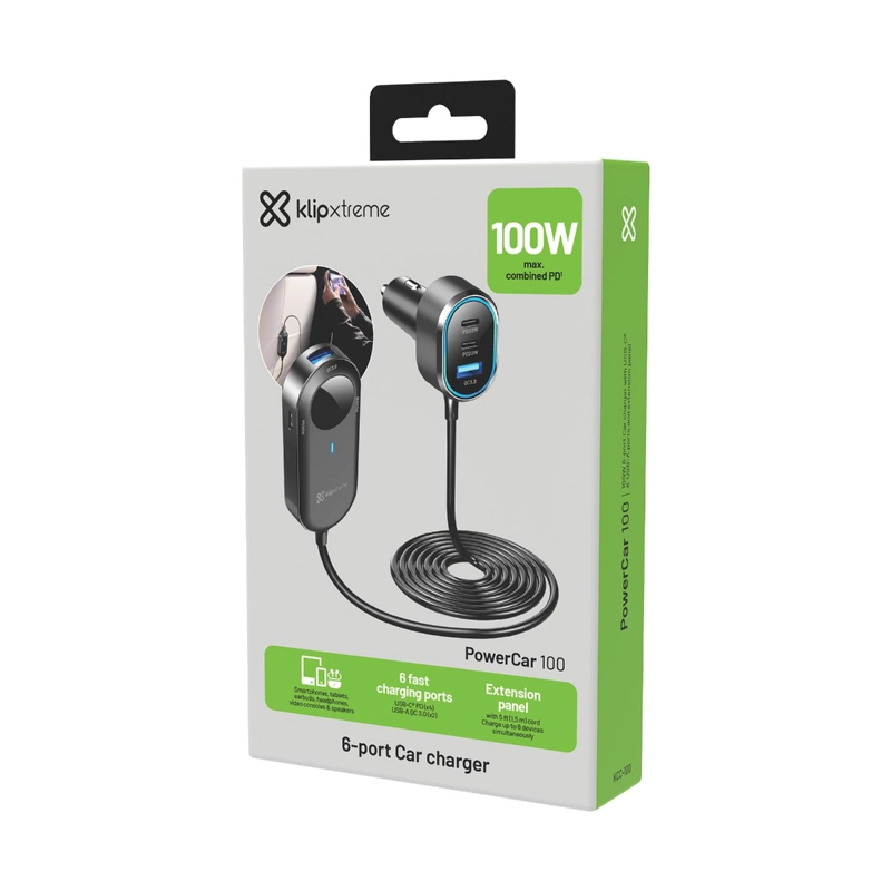 KX CAR CHARGER 100W MAX 4XUSB-C PD30W + 2XUSB-A QC 3.0 EXTENSION CABLE - 8