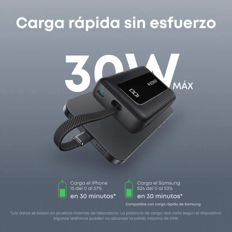 POWERBANK BATERIA EXTERNA ANKER 20.000 MAH CARGA RAPIDA 30W CABLE USB-C INTEGRADO NEGRO - 2