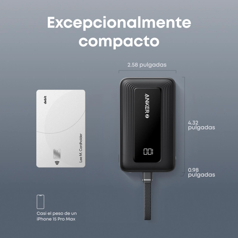 POWERBANK BATERIA EXTERNA ANKER 20.000 MAH CARGA RAPIDA 30W CABLE USB-C INTEGRADO NEGRO - 6