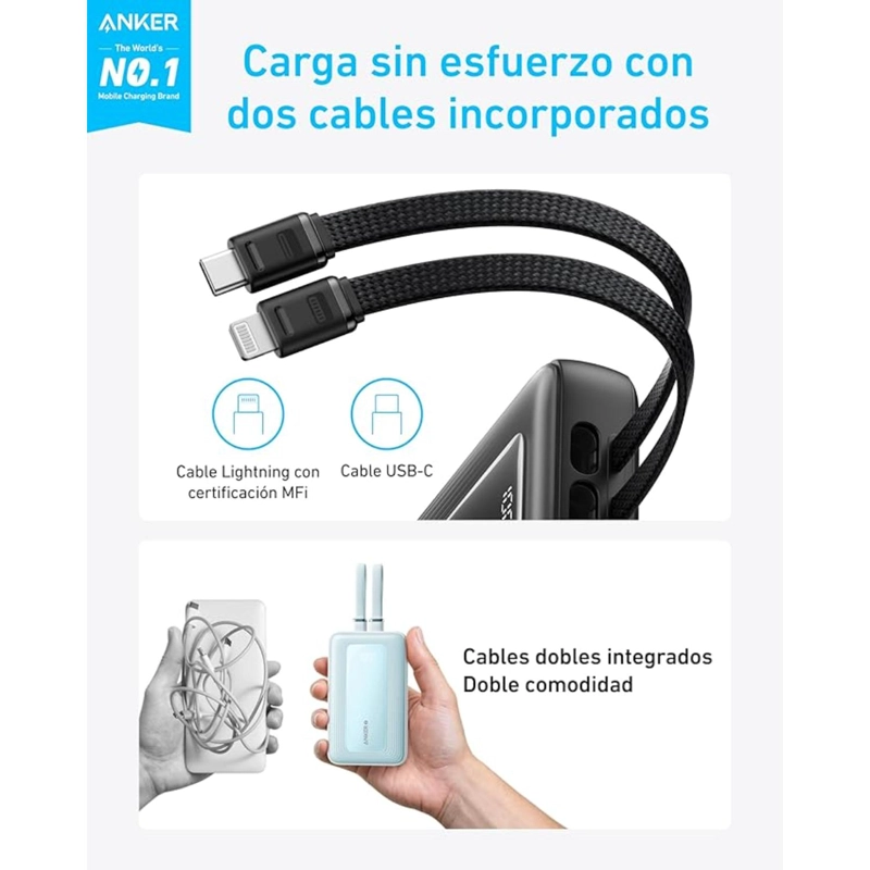 POWERBANK BATERIA EXTERNA ANKER 10.000 MAH CARGA RAPIDA 30W CABLE USB-C + LIGHNING INTEGRADO NEGRO - 2