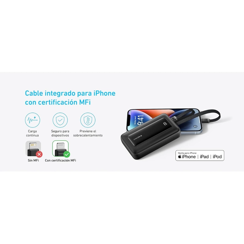 POWERBANK BATERIA EXTERNA ANKER 10.000 MAH CARGA RAPIDA 30W CABLE USB-C + LIGHNING INTEGRADO NEGRO - 3