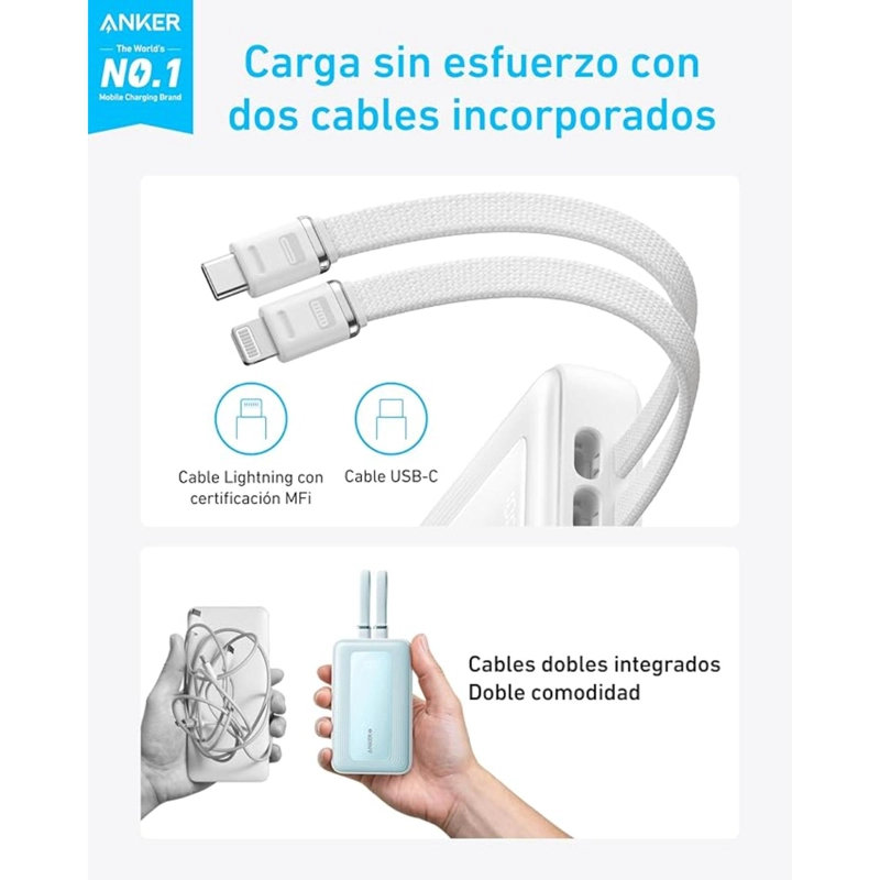 POWERBANK BATERIA EXTERNA ANKER 10.000 MAH CARGA RAPIDA 30W CABLE USB-C + LIGHNING INTEGRADO BLANCO - 2