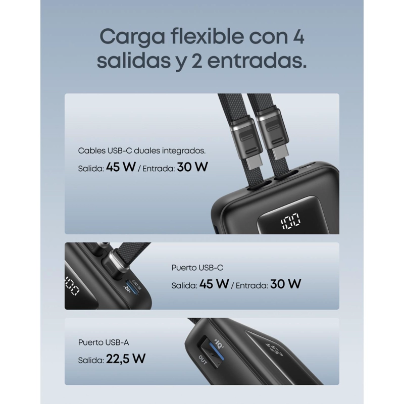 POWERBANK BATERIA EXTERNA ANKER 20.000 MAH CARGA RAPIDA 30W CABLE USB-C + LIGHNING INTEGRADO NEGRO - 2