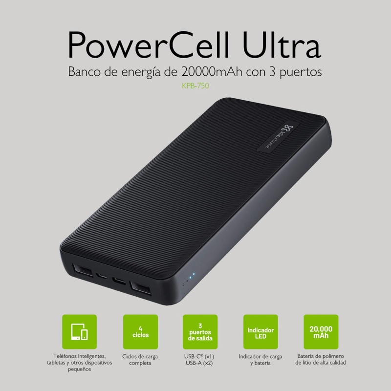 KX POWERBANK 20.000MAH USB-C + 2X USB-A 15W 5V/3A MAX OUTPUT - 9