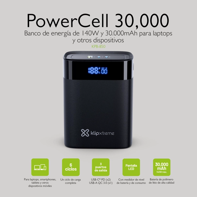 KLIP XTREME POWERBANK 30.000 MAH POWERCELL 140W - 6