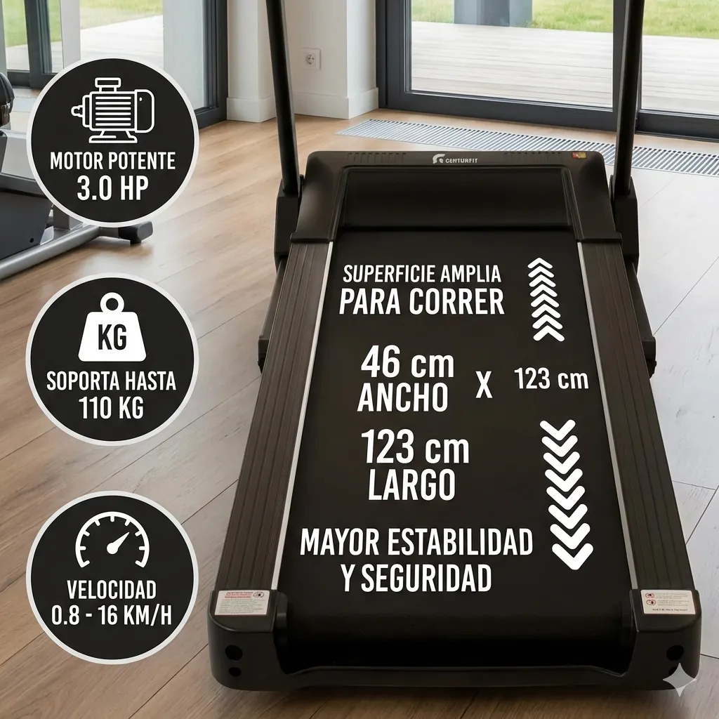 Trotadora Centurfit 16 km/h 3HP | Banda 46x123 cm | 15 niveles inclinación | Plegable - 2