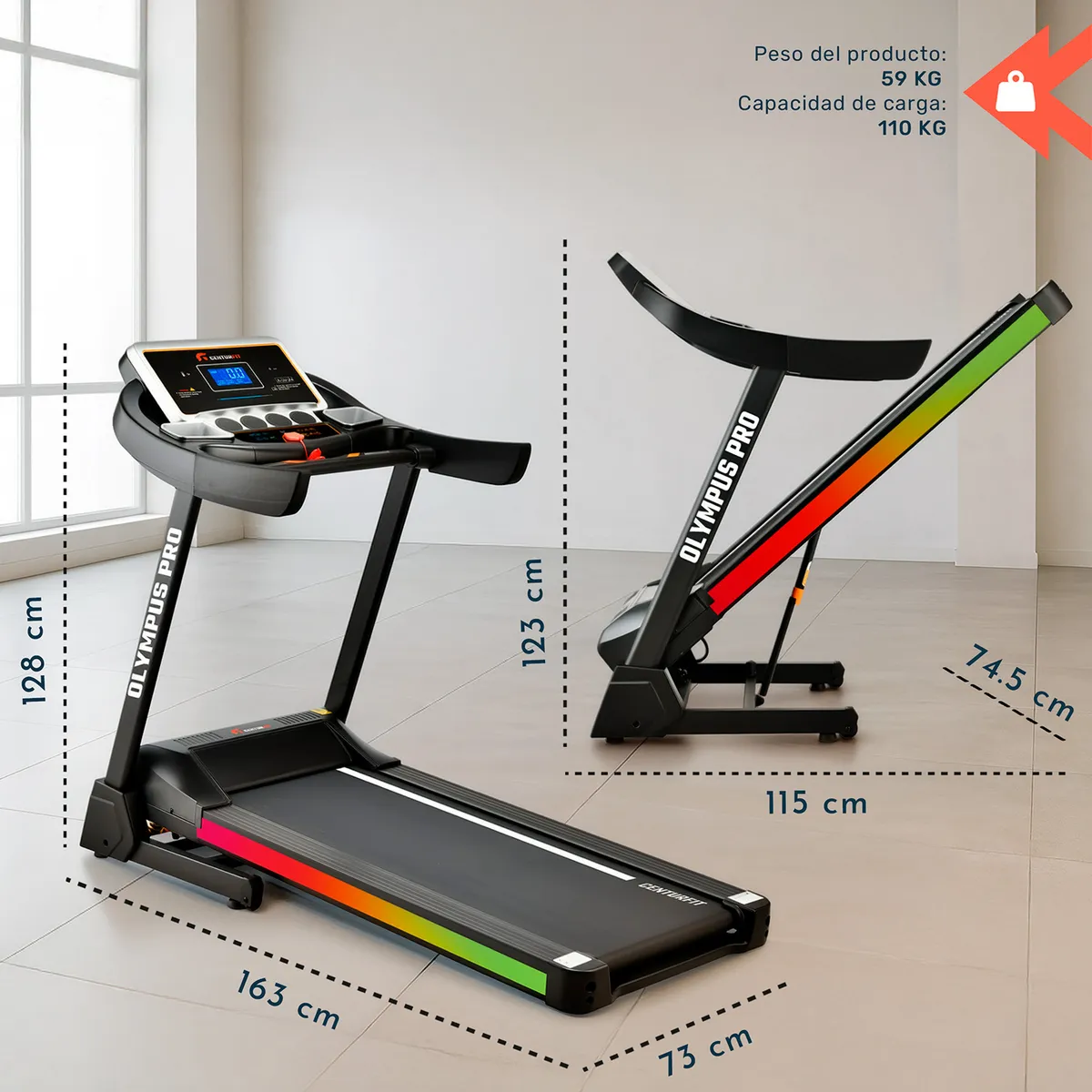 Trotadora Centurfit 16 km/h 3HP | Banda 46x123 cm | 15 niveles inclinación | Plegable - 4