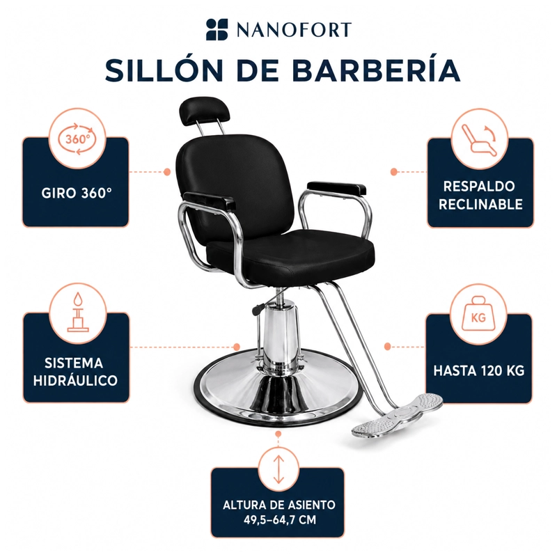 SILLON RECLINABLE NANOFORT 1 CUERPO ACERO NEGRO BARBERIA SALON ESTETICA - 1