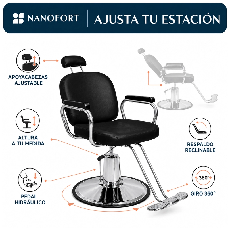SILLON RECLINABLE NANOFORT 1 CUERPO ACERO NEGRO BARBERIA SALON ESTETICA - 2