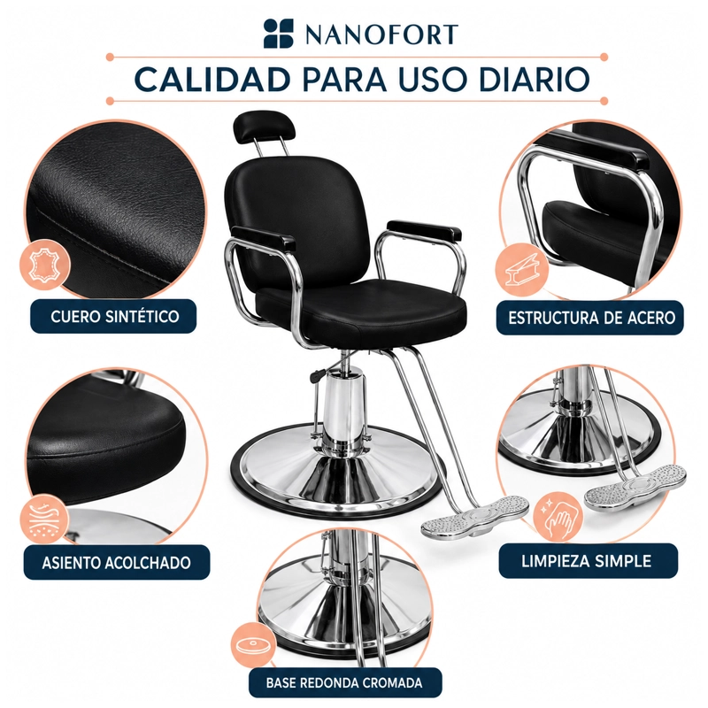 SILLON RECLINABLE NANOFORT 1 CUERPO ACERO NEGRO BARBERIA SALON ESTETICA - 3