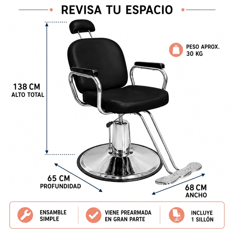 SILLON RECLINABLE NANOFORT 1 CUERPO ACERO NEGRO BARBERIA SALON ESTETICA - 5