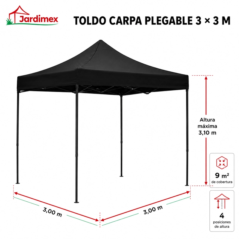TOLDO PLEGABLE 3X3 IMPERMEABLE RETRACTIL NEGRO - 2