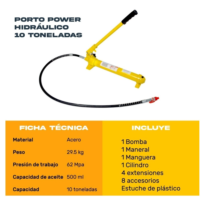 Porto Power Hidraulico 10 Toneladas Maxima Extencion 144Cm Prensa Gato Hidraulico Estuche Movil - 3