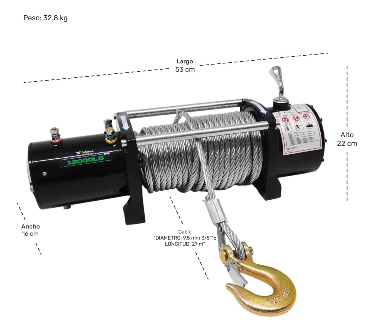 WINCHE ELE CTRICO 12000 LB 12V CABLE ACERO 27M + CONTROL - 3