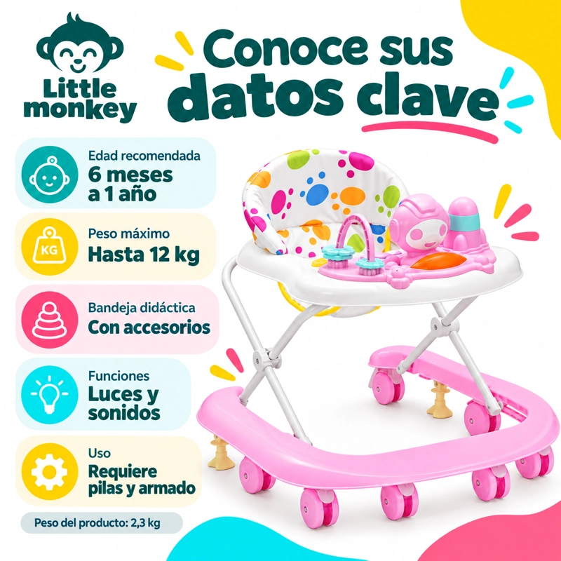 ANDADOR LITTLE MONKEY BEBE MUSICAL Y LUCES COLOR ROSADO 4 ALTURAS - 2