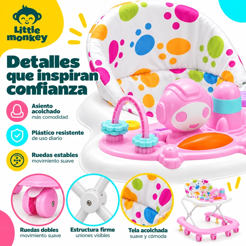 ANDADOR LITTLE MONKEY BEBE MUSICAL Y LUCES COLOR ROSADO 4 ALTURAS - 3