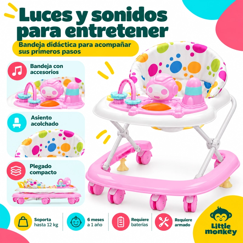 ANDADOR LITTLE MONKEY BEBE MUSICAL Y LUCES COLOR ROSADO 4 ALTURAS - 4
