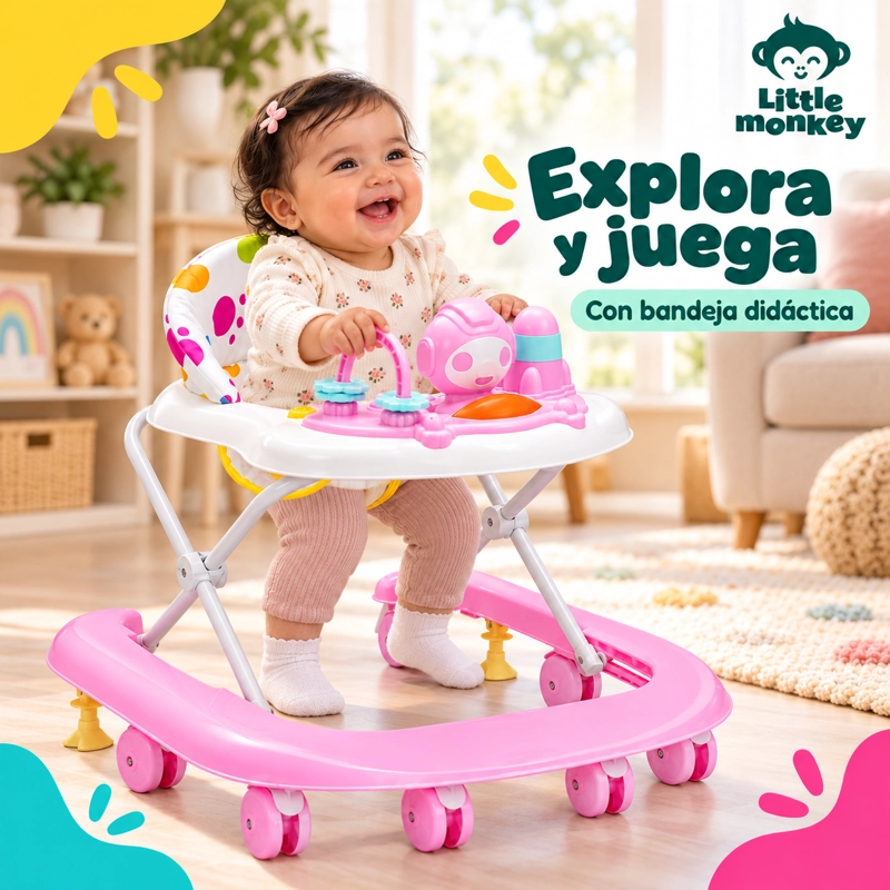 ANDADOR LITTLE MONKEY BEBE MUSICAL Y LUCES COLOR ROSADO 4 ALTURAS - 6