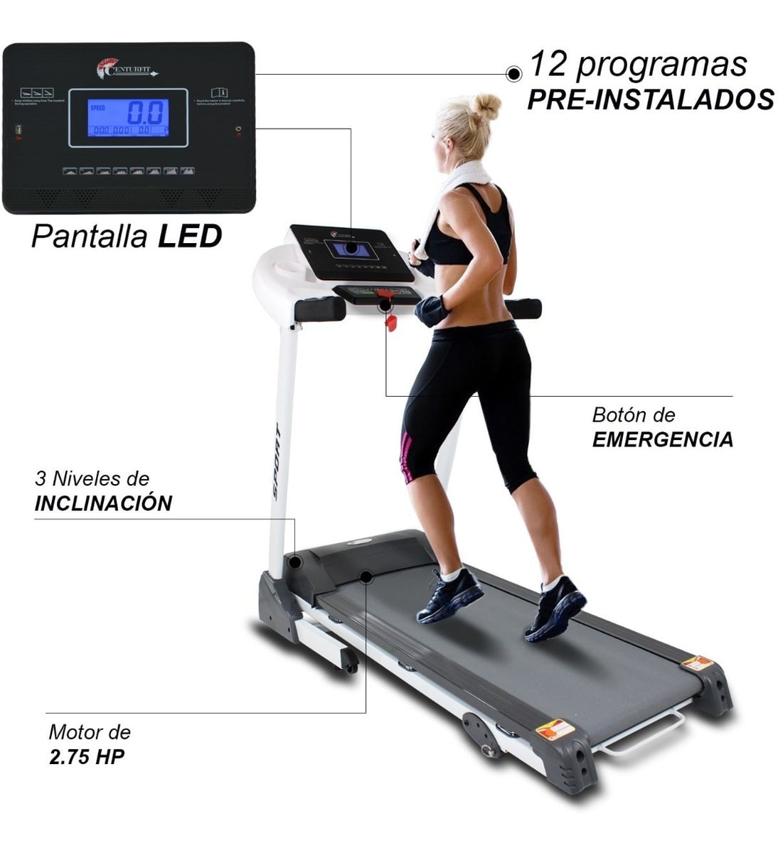 TROTADORA ELECTRICA PLEGABLE CENTURFIT 16KM INCLINACION MANUAL 2HP - 5