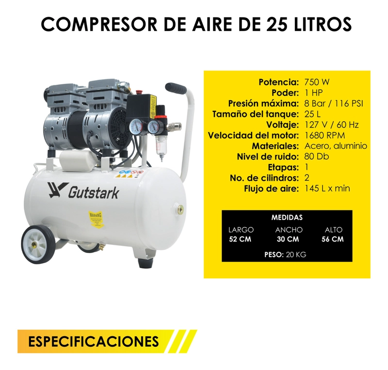 COMPRESOR DE AIRE LIBRE DE ACEITE SILENCIOSO 25LTS 1HP 220V DENTAL - 3