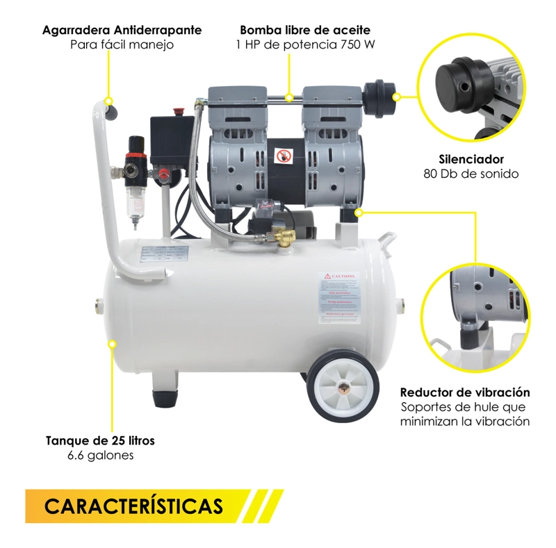 COMPRESOR DE AIRE LIBRE DE ACEITE SILENCIOSO 25LTS 1HP 220V DENTAL - 4