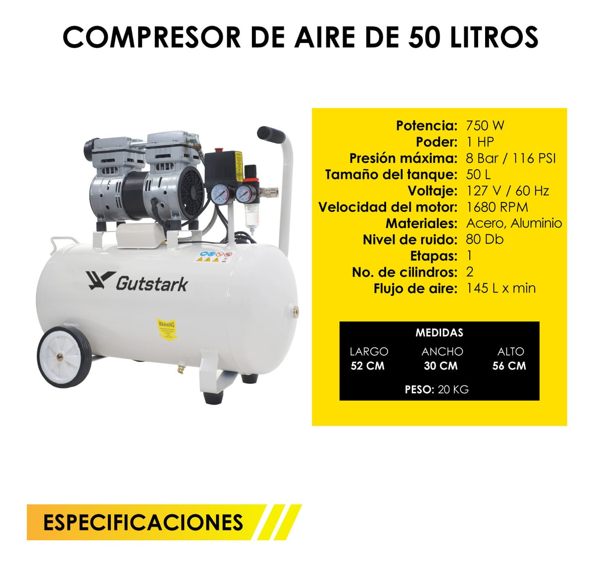 COMPRESOR GUTSTARK DE AIRE SILENCIOSO 50L 1HP LIBRE DE ACEITE - 3