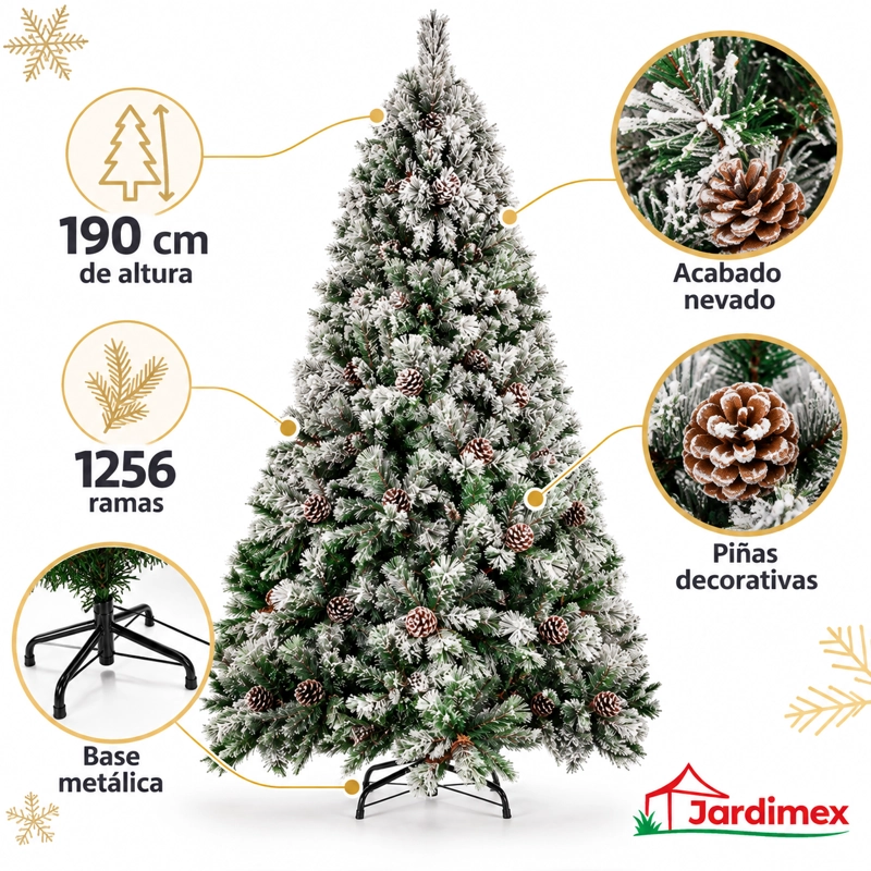 ARBOL NAVIDAD NEVADO CON PIÑAS 1.90 M 1256 RAMAS JARDIMEX - 2