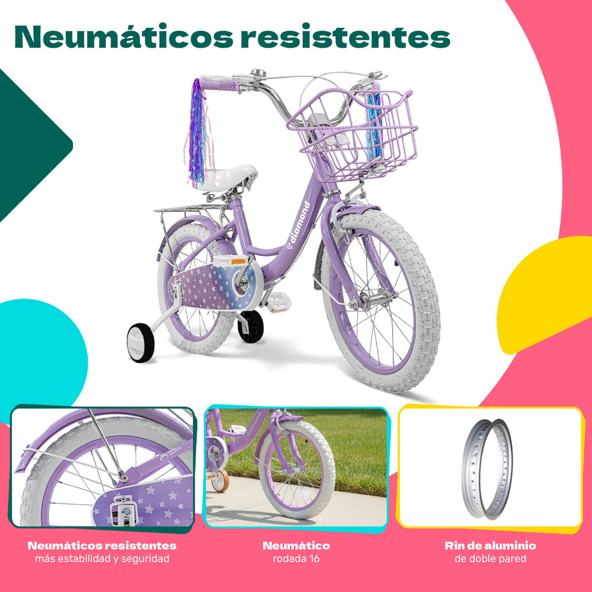 BICICLETA INFANTIL MORADA NIÑA RODADA 16 CON CANASTA COLOR MORADO TAMAÑO DEL CUADRO S - 3