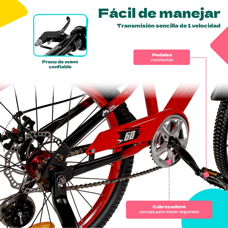 BICICLETA LITTLE MONKEY NIÑOS INFANTIL ARO 20 BICI COLOR ROJO LUCES LED - 4
