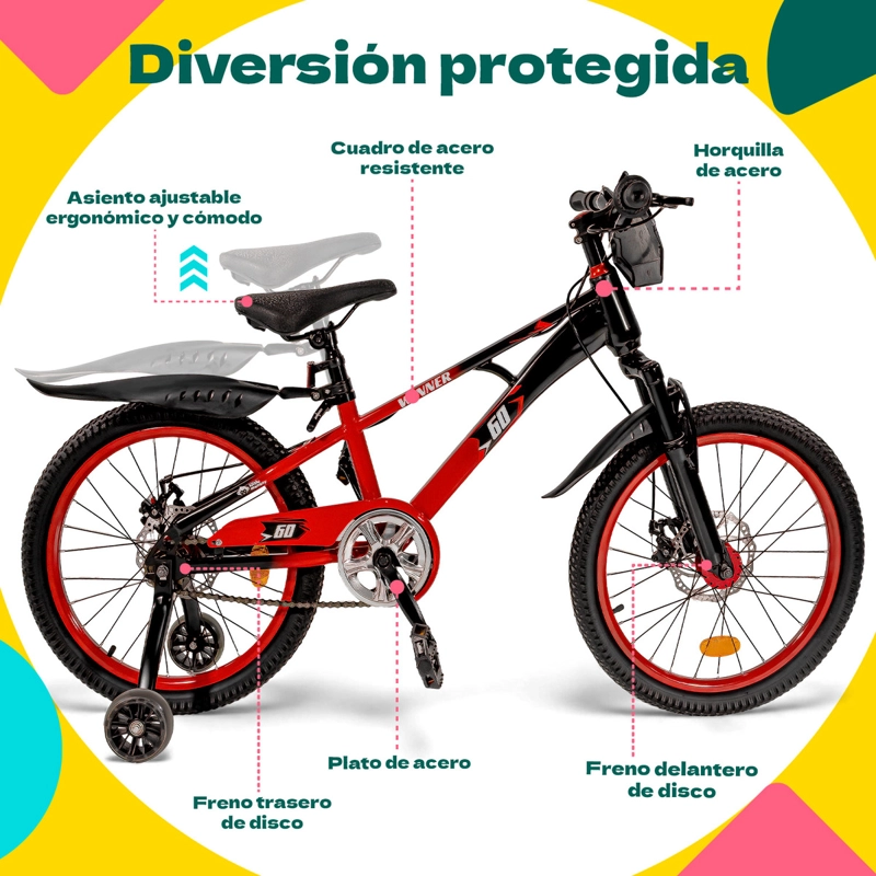 BICICLETA LITTLE MONKEY NIÑOS INFANTIL ARO 20 BICI COLOR ROJO LUCES LED - 6