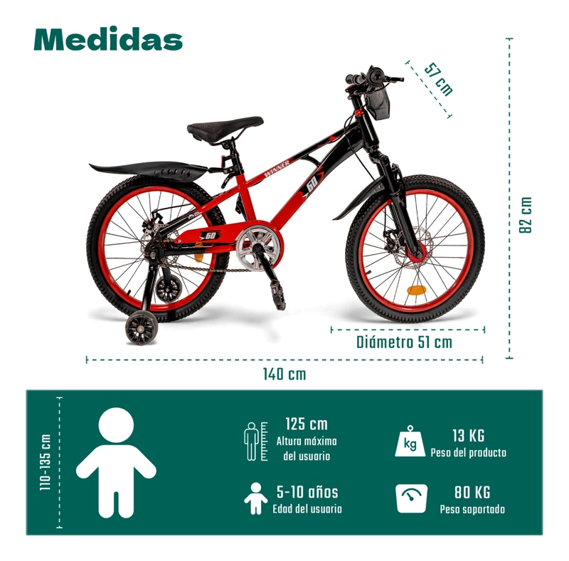 BICICLETA LITTLE MONKEY NIÑOS INFANTIL ARO 20 BICI COLOR ROJO LUCES LED - 8