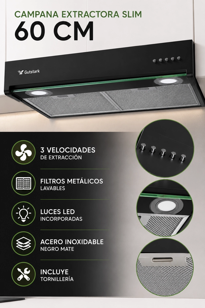 CAMPANA EXTRACTORA SLIM GUTSTARK NEGRA 60 CM CON 3 VELOCIDADES Y LUZ LED - 5