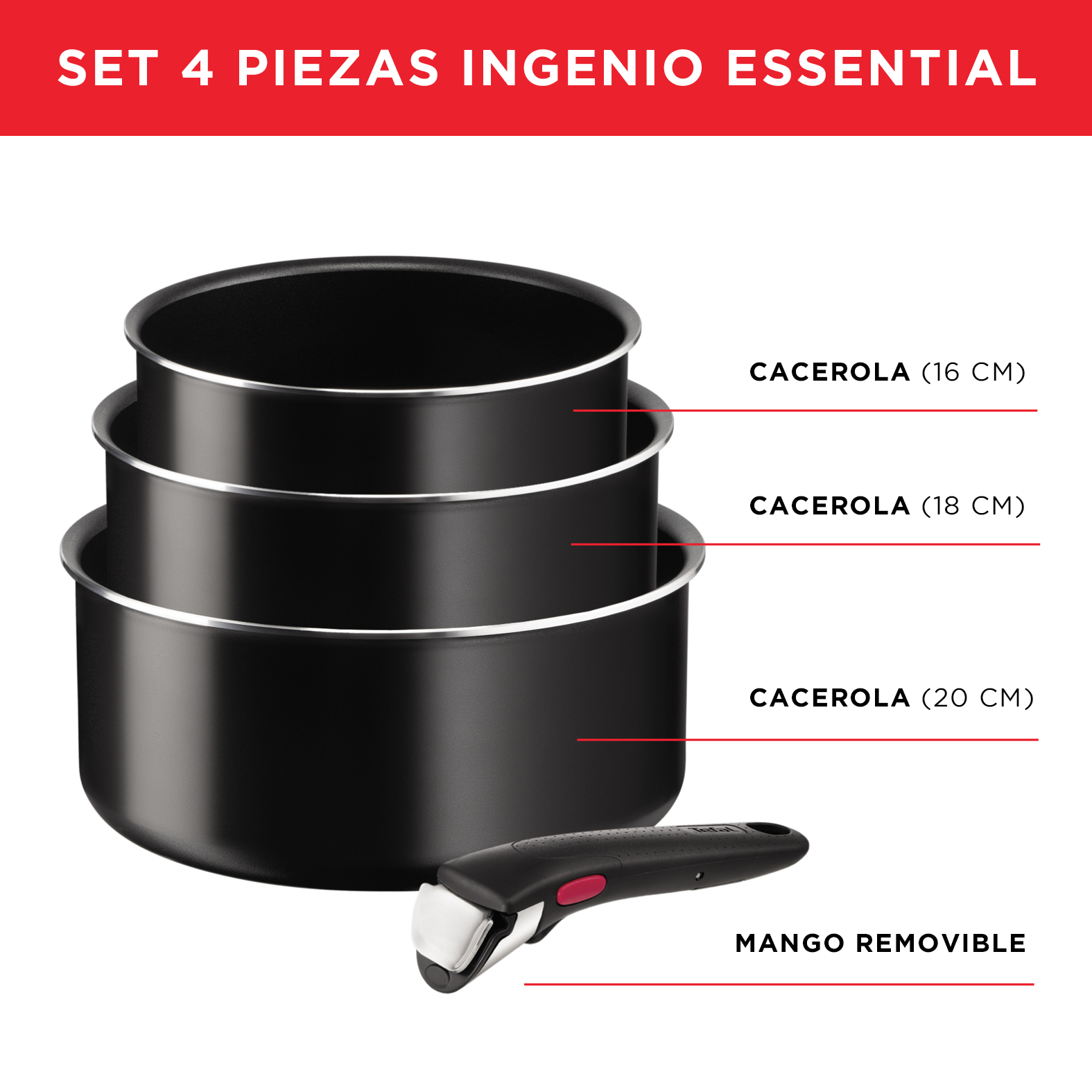 SET 3 OLLAS ANTIADHERENTE 16/18/20 CM + MANGO INGENIO TEFAL - 2