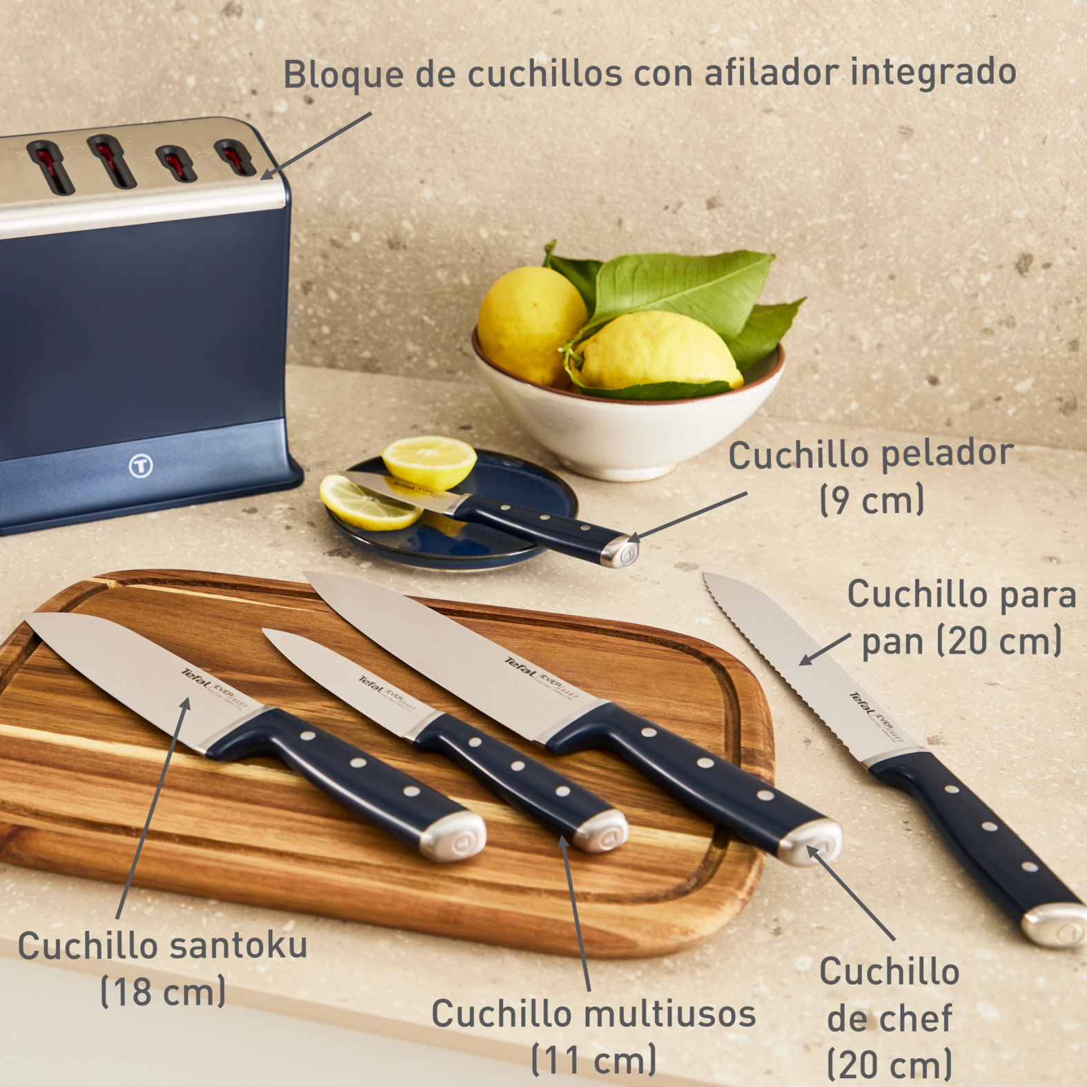 SET TACO DE 5 CUCHILLOS CON AFILADOR EVERSHARP PRO TEFAL - 6