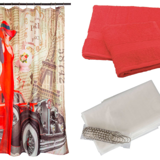 SET CORTINA BAÑO PARIS ROUGE +  JUEGO DE TOALLAS ROJO - 1