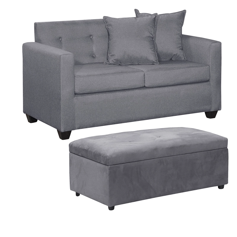 SET SOFA 2C GRAMADO + BANQUETA BAUL FELPA GRIS - 2