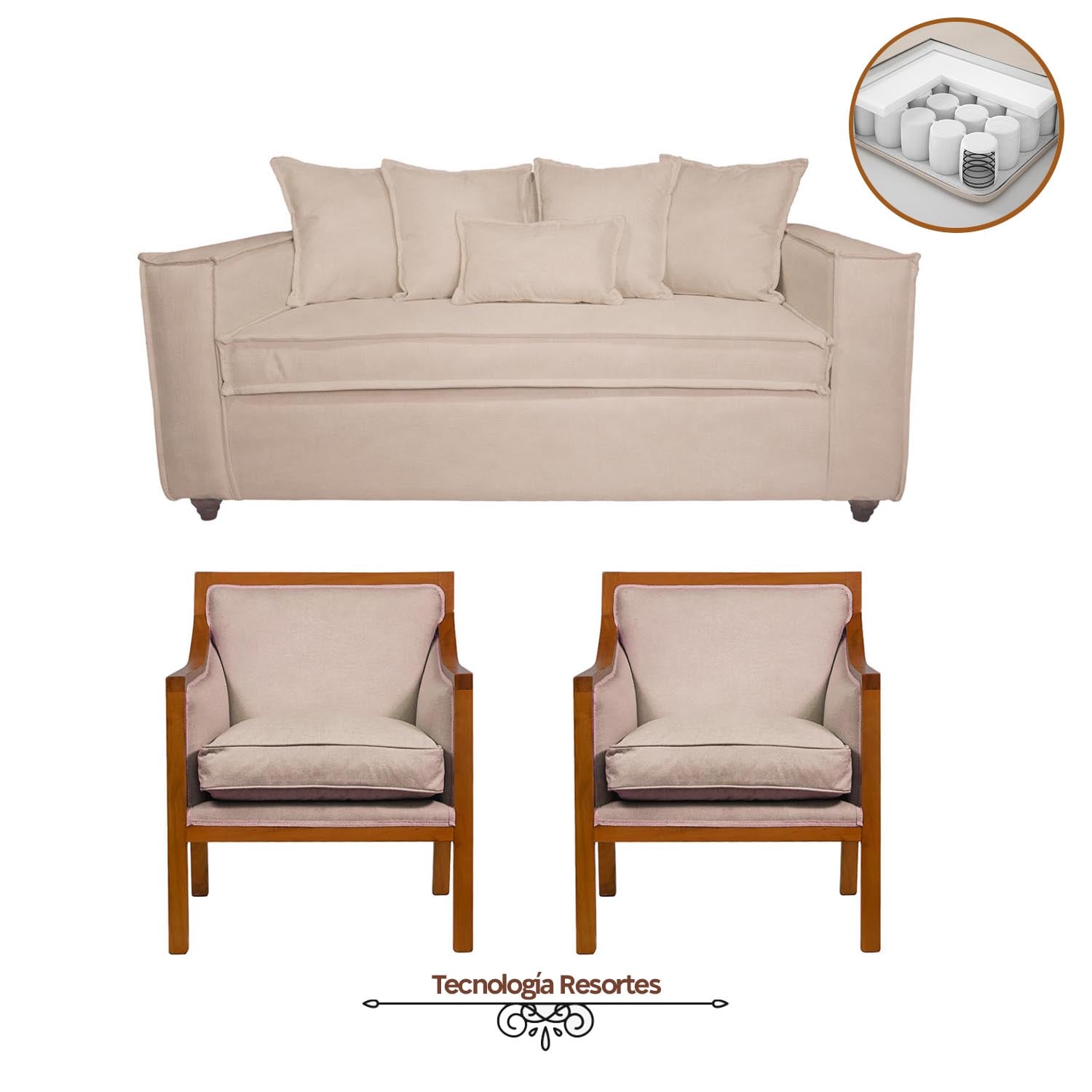 JUEGO DE LIVING DANTE 311 SOFA RESORTES Y SILLONES TIPO SITIAL COLOR BEIGE - 1