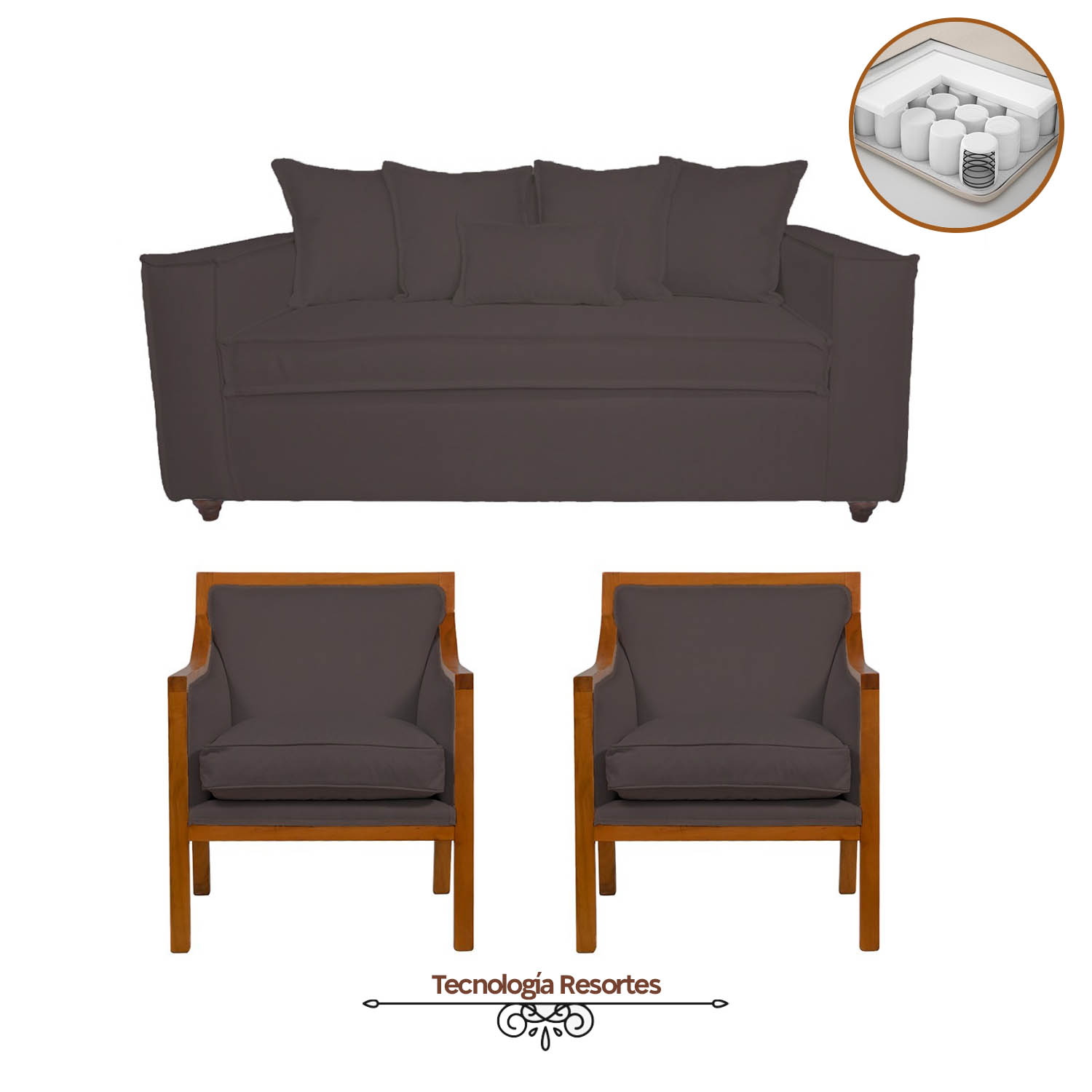 JUEGO DE LIVING DANTE 311 SOFA RESORTES Y SILLONES TIPO SITIAL COLOR CAFE - 1