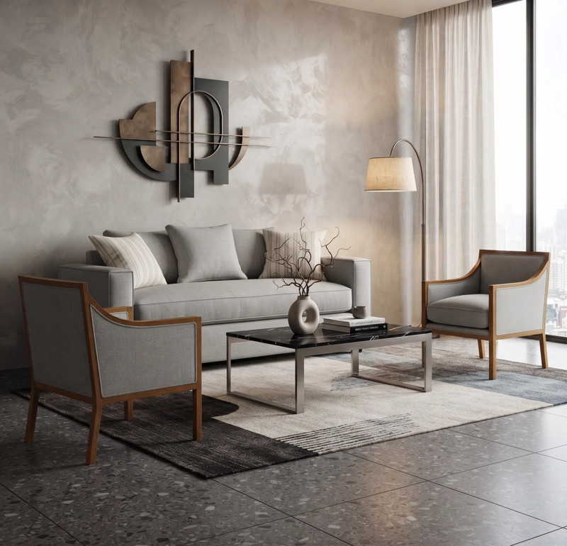 JUEGO DE LIVING DANTE 311 SOFA RESORTES Y SILLONES TIPO SITIAL COLOR GRIS CLARO - 1