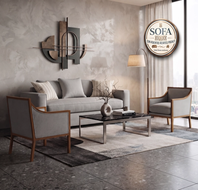 JUEGO DE LIVING DANTE 311 SOFA RESORTES Y SILLONES TIPO SITIAL COLOR GRIS CLARO - 2