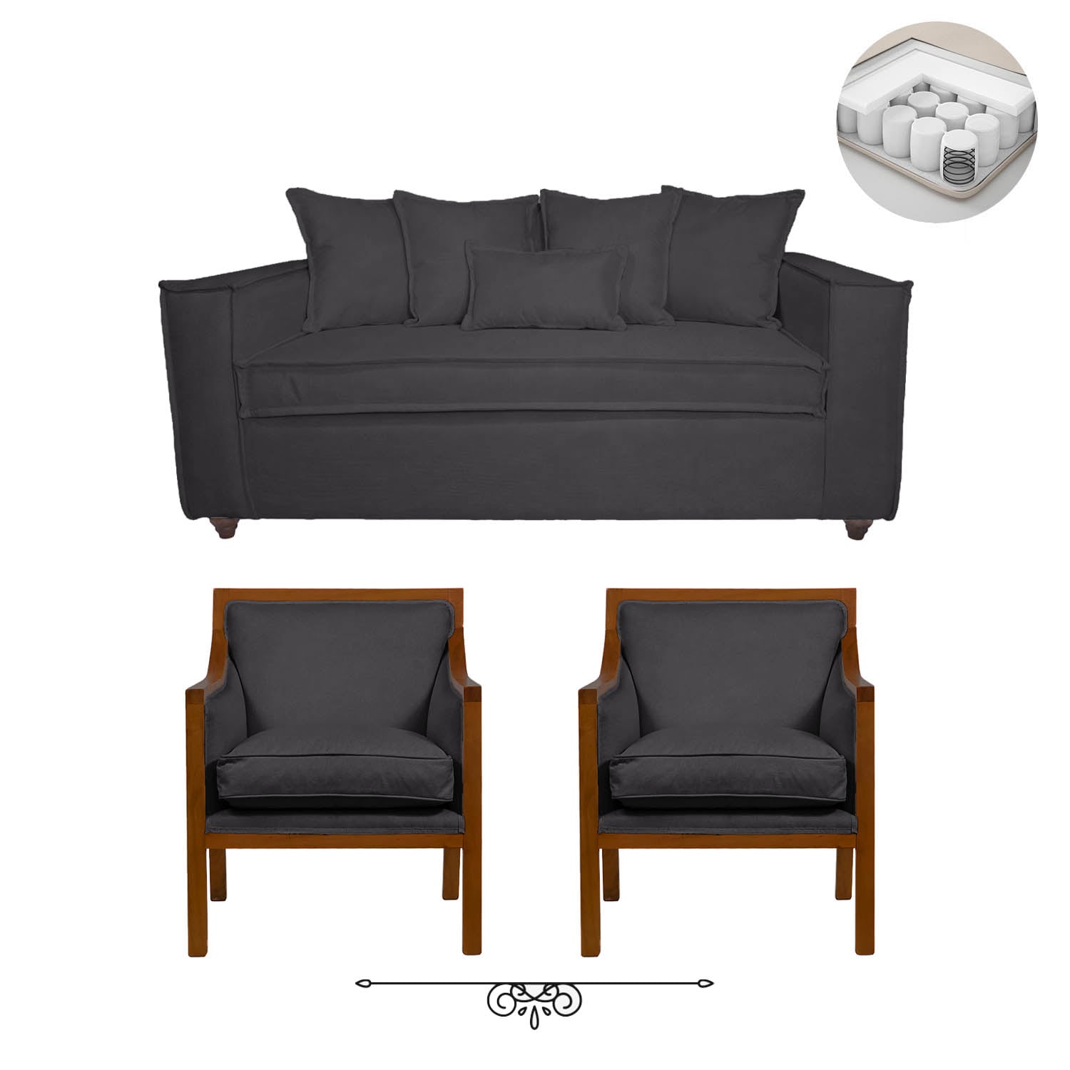 JUEGO DE LIVING DANTE 311 SOFA RESORTES Y SILLONES TIPO SITIAL COLOR GRIS MARENGO - 1
